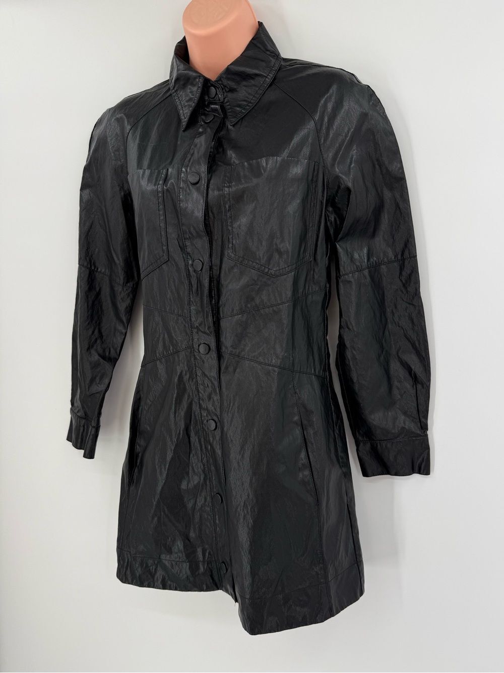 Zara Faux Leather Button Down Shirt Dress Snap Front | Black | XS - Picture 3 of 9